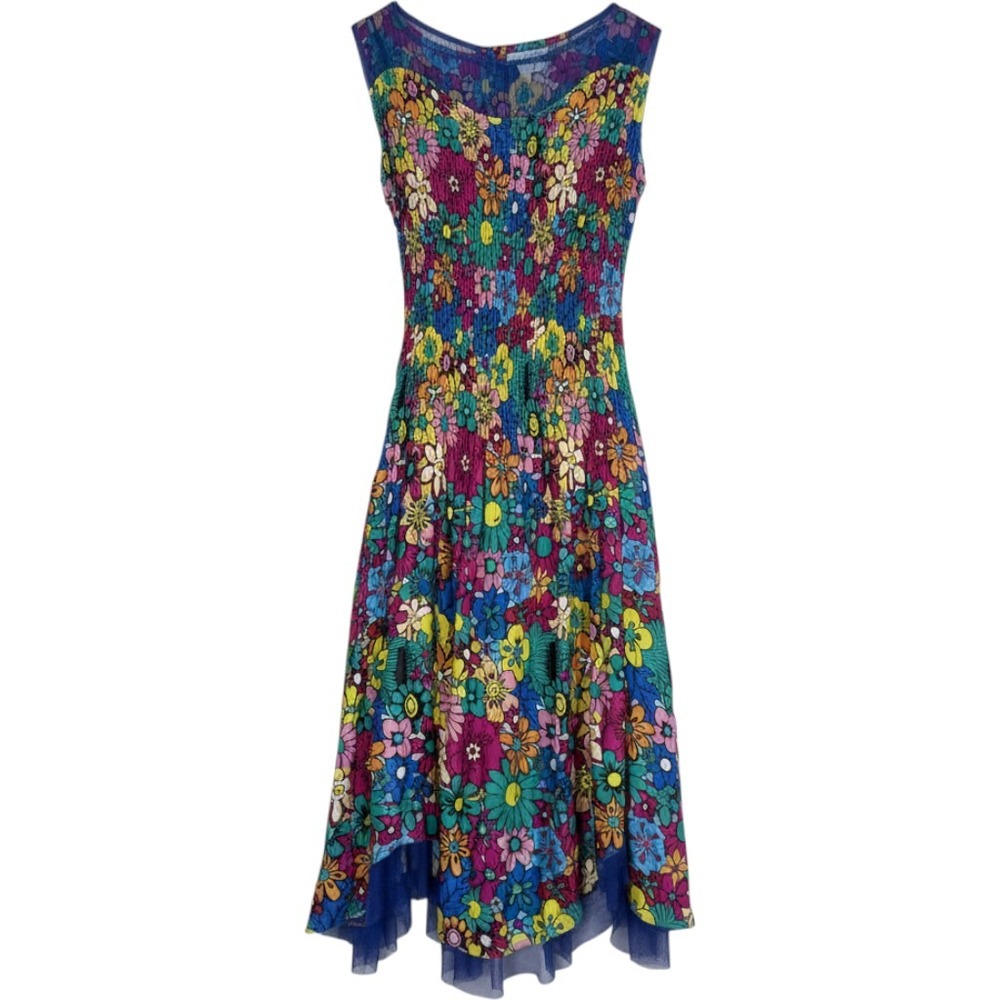 Vintage Lily & Taylor Floral Pleated Midi Dress Mesh Overlay Handkerchief 90s